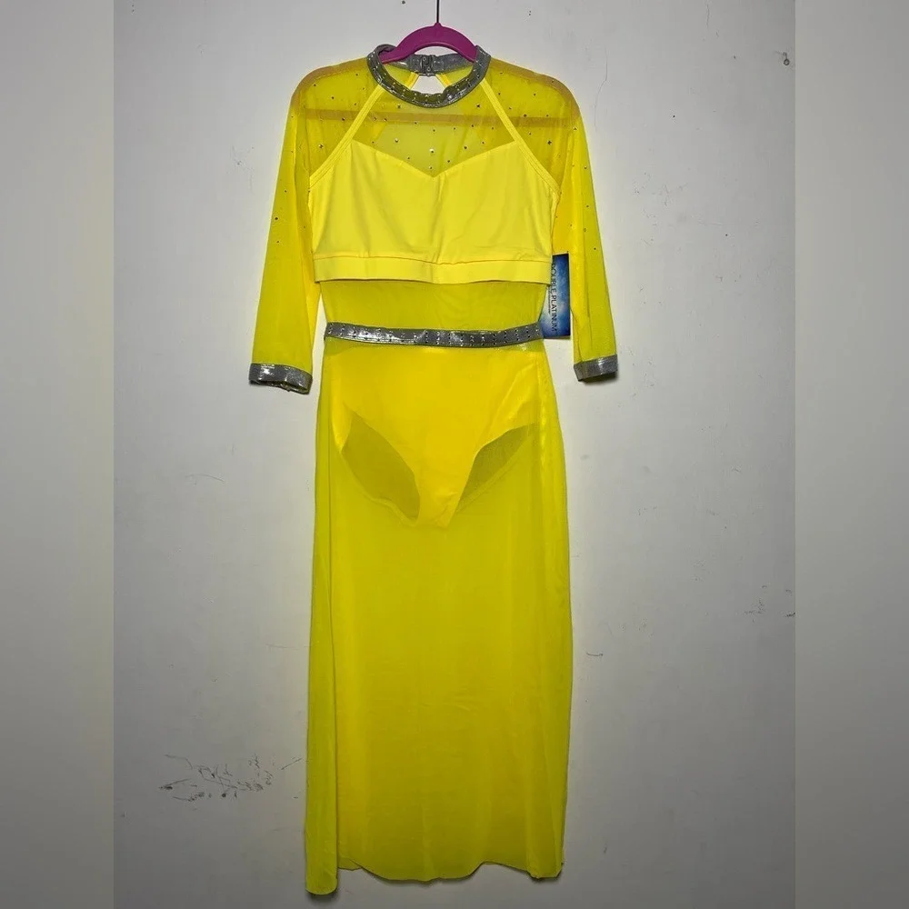 Double Platinum Yellow Lyrical Jazz Contemporary Dance Costume Leo with Skirt CL